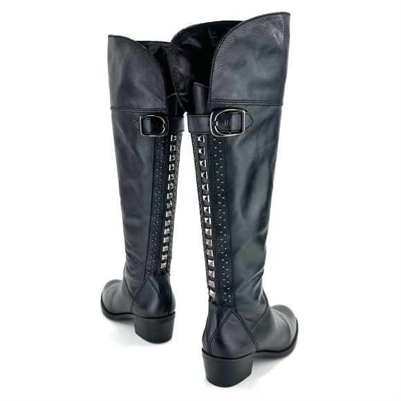 VINCE CAMUTO BOLLO BLACK LEATHER BLOCK HEEL STUDDED OVER-THE-KNEE/KNEE HIGH BOOT - Picture 4 of 14